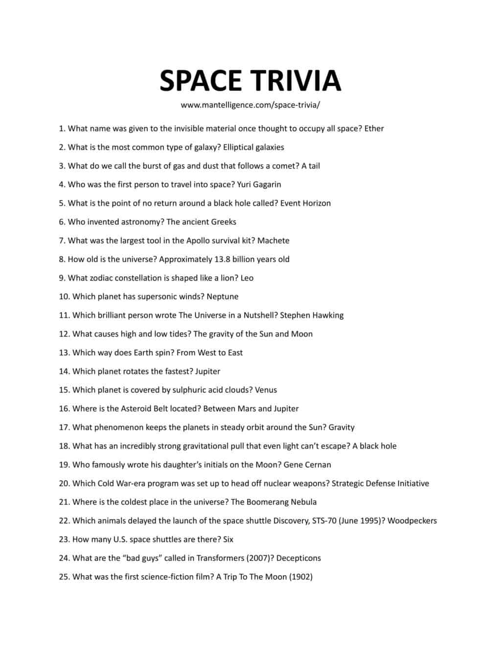 Downloadable and printable list