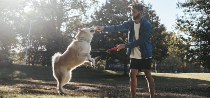 young man playing with his dog