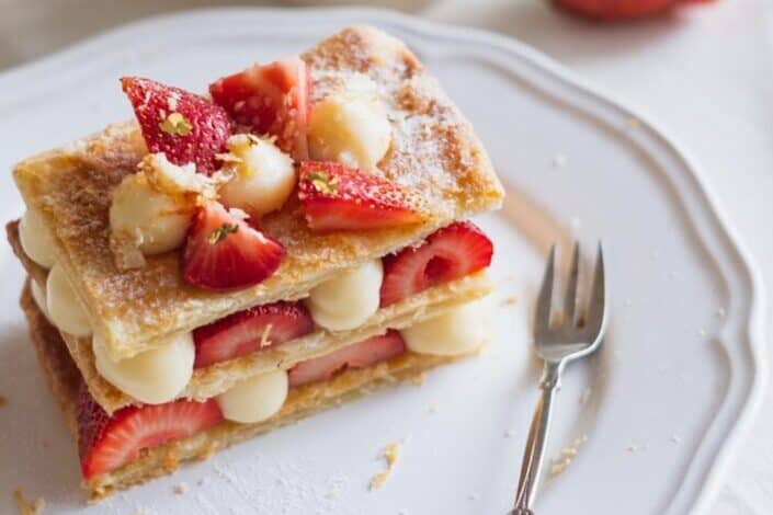 Strawberry and Banana Pastry on White Plate