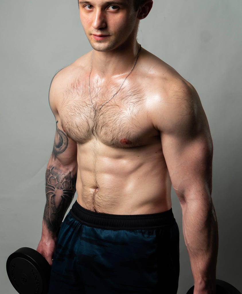 Man on black background keeps dumbbells pumped up in fitness muscle chest black, body muscular workout person Lift sportive metal, gym fit dumbbells and body press beautiful
