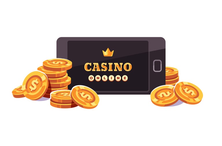 Mobile device with casino online logo surrounded by gold coins, representing mobile gambling