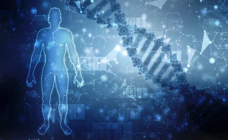 A male silhouette with digital DNA strand representing regenerative medicine and stem cell therapy concepts.