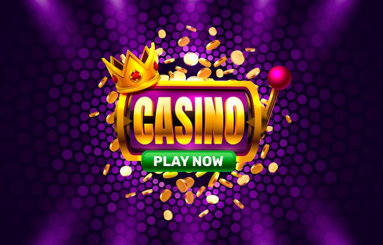 Casino play now slot machine graphic with gold coins and a crown on a purple background.
