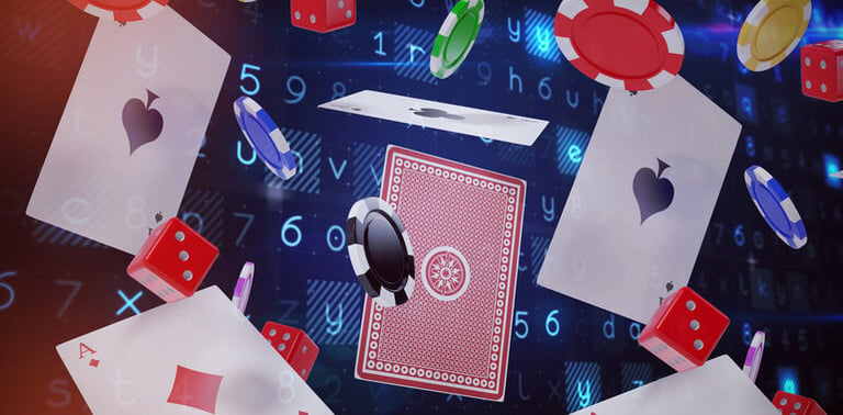 Flying playing cards, poker chips, and dice representing Soft2Bet’s innovative iGaming environment.