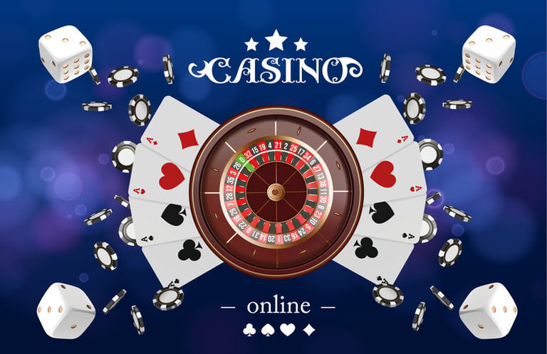 Online casino image of a roulette wheel, playing cards, dice, and chips on a blue background.