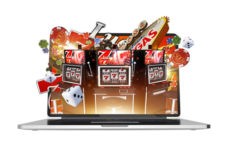 Illustration of online slot machines on a laptop screen with dice, casino chips, and Vegas-style icons.