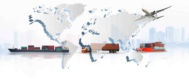 Most affordable shipping services from the USA to India illustrated with a cargo ship, an airplane, and a freight truck on a world map.