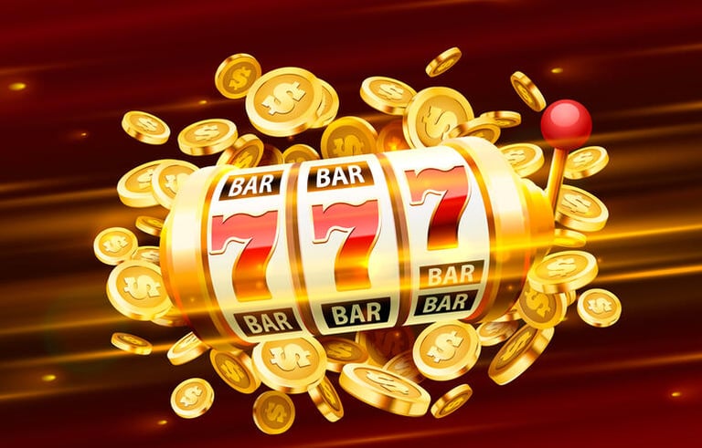 Slot machine with triple sevens and flying coins