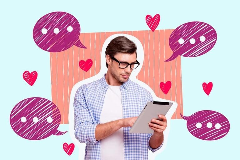 Man using a tablet surrounded by chat and heart icons, representing finding someone on a dating app and online communication.