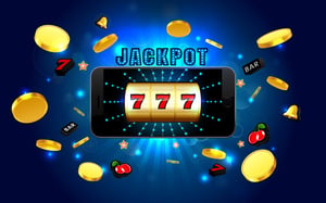 Online slot game on a smartphone with a jackpot, triple sevens, and flying coins symbolising player psychology and rewards.