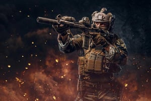 Tactical soldier aiming a customized assault rifle amidst smoke and sparks, illustrating the elite gameplay achieved by skipping the grind with Black Ops 7 boosting.