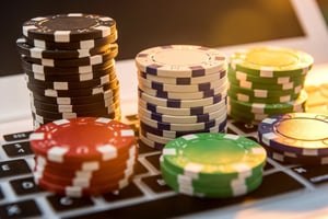 Casino playing chips placed beside a laptop displaying an online casino platform.