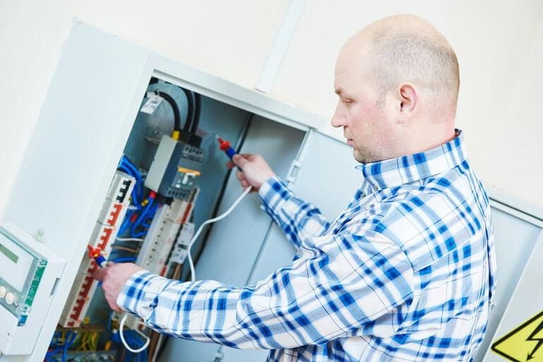 Electrician inspecting an electrical control panel during hands-on training, representing planning electrical continuing education (CE) classes for career advancement.