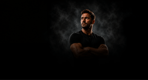 Masculine man shrouded in energy against a black background