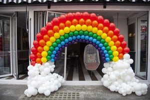 Man inflating a gold balloon while setting up party decorations, illustrating how to create a balloon arch with a metal stand.