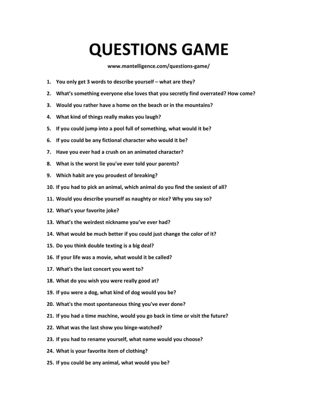 LIST OF QUESTIONS GAME 1 