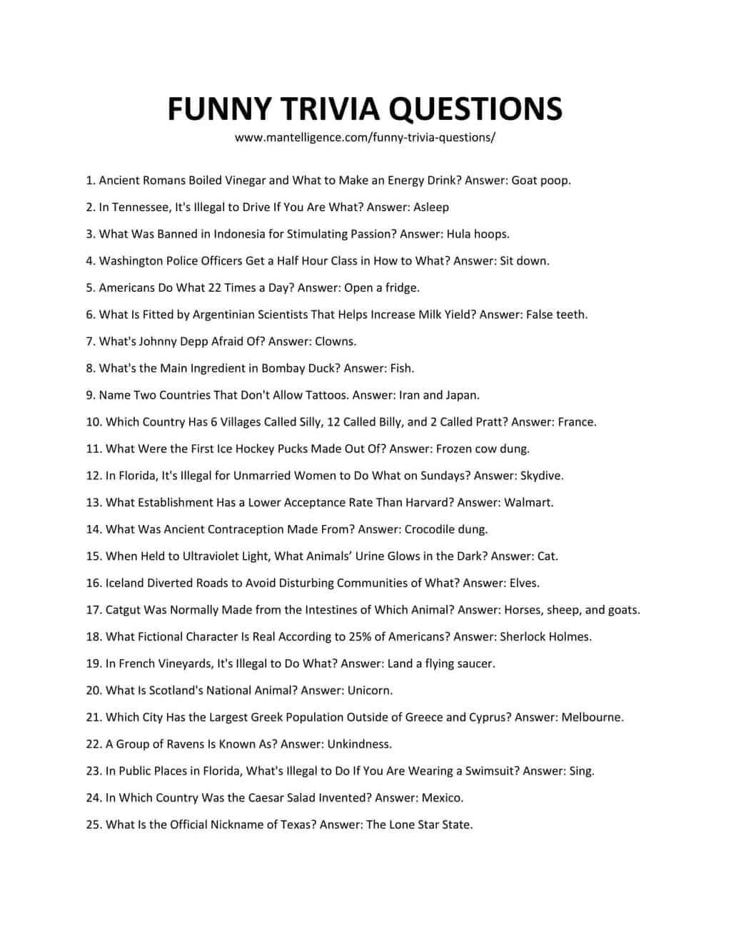 Fun Printable Trivia Questions And Answers