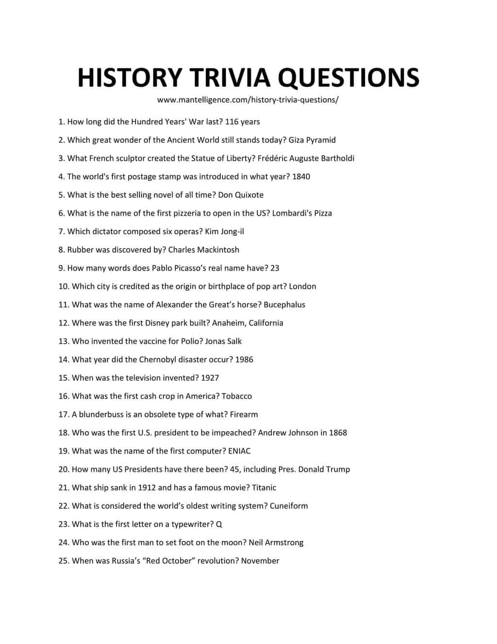 Printable History Trivia Questions And Answers Challenge Your