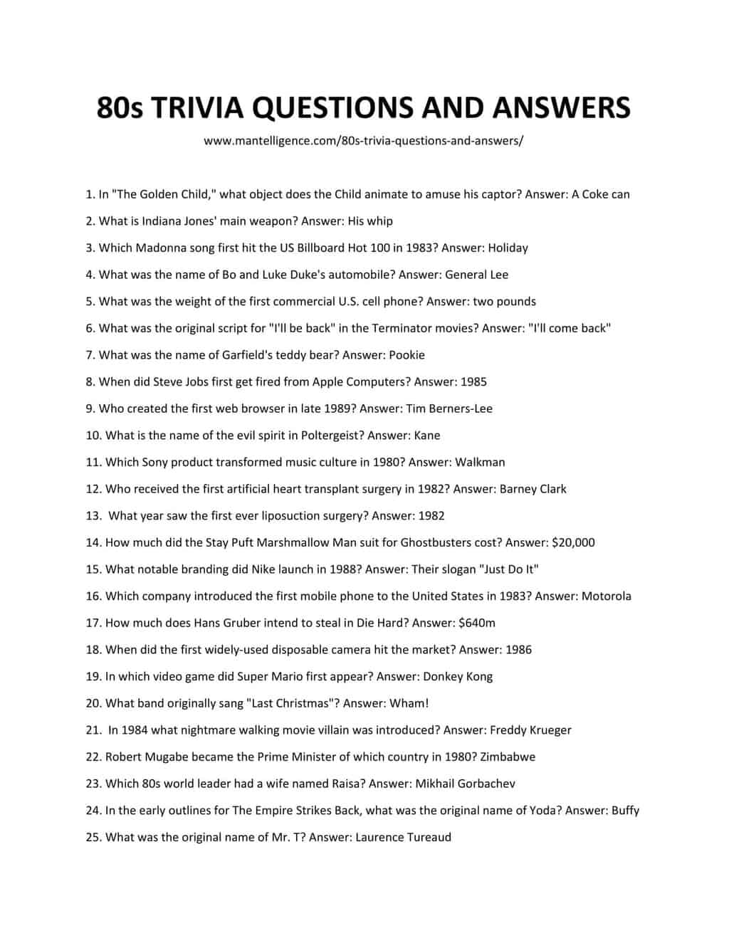 Printable 80S Trivia Questions And Answers