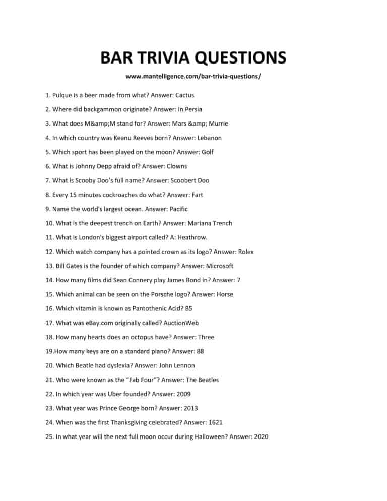 92+ Bar Trivia Questions & Answers (Best Pub Quiz)