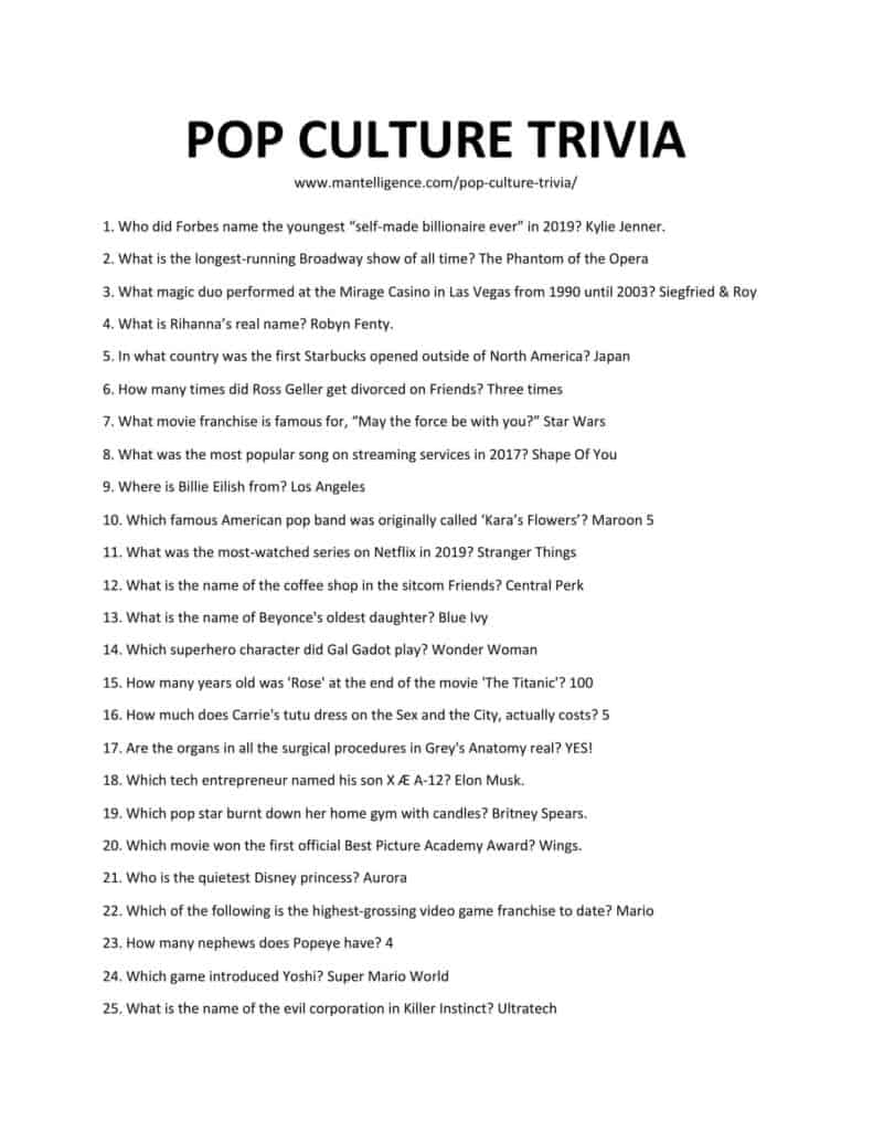 42+ Pop Culture Trivia Questions & Answers (Ultimate Quiz)