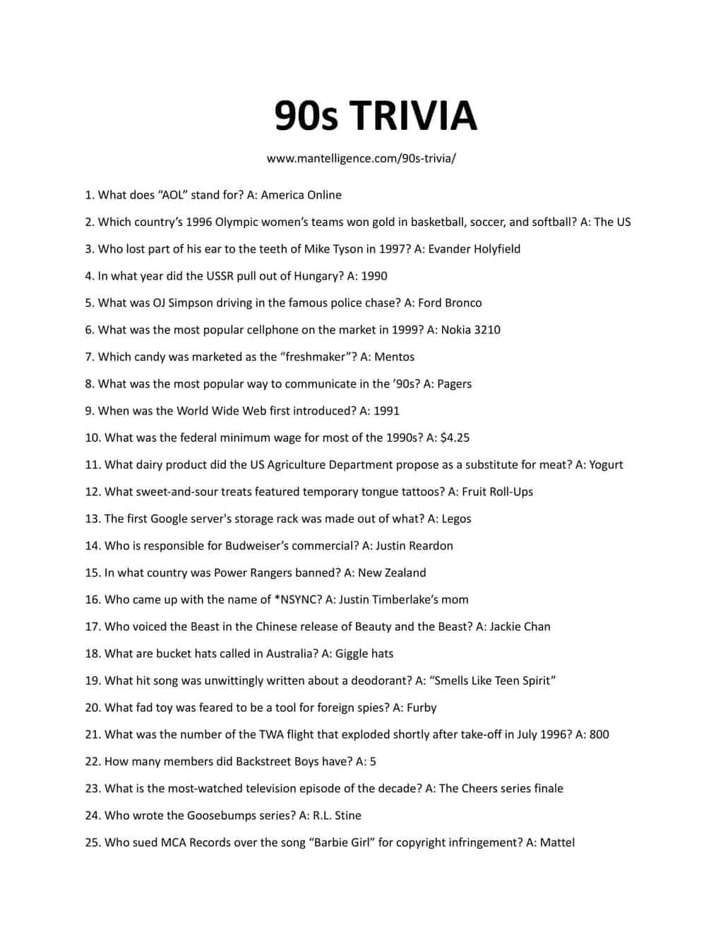 72 Best 90s Trivia Questions and Answers - This is the ...