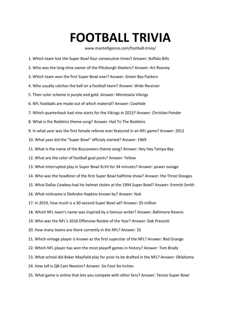 Easy Football Trivia Questions And Answers Printable