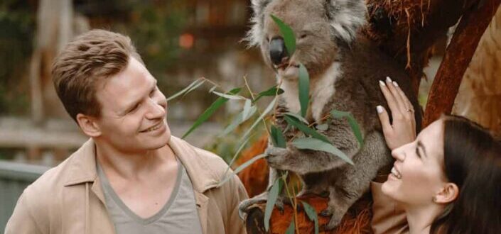 Happy couple with adorable funny koala