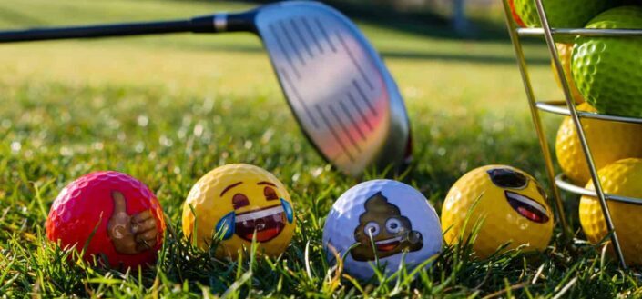 Emoticon Designs on Golf Balls on the Grass